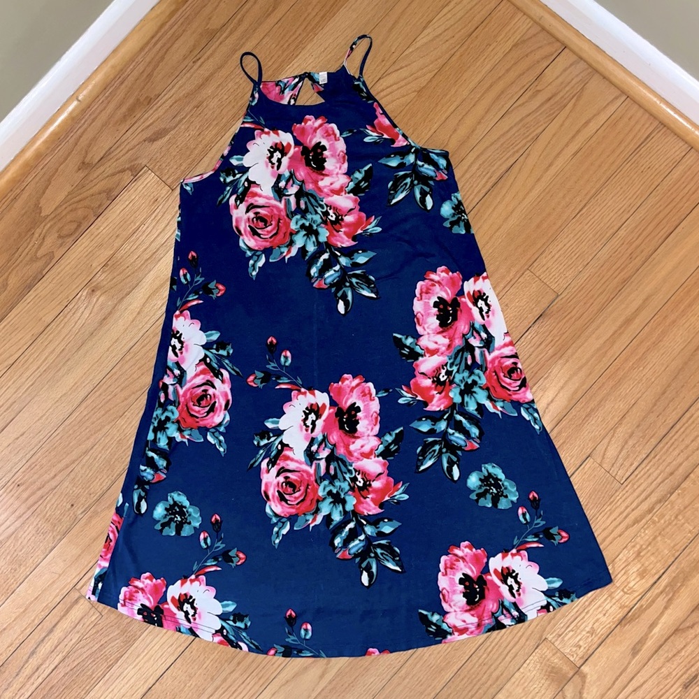 Short blue and pink floral summer dress